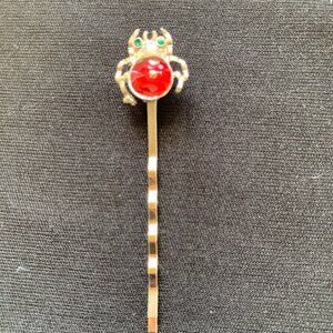 Vintage Crab Hair Pin, Red Cabochon & Green Eyes, Gold Tone Figural Bobby Pin